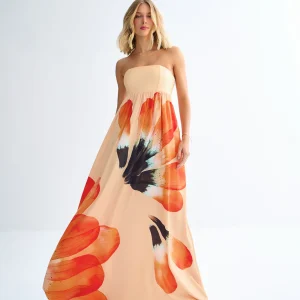 VESTIDO LARGO SIN TIRANTES ESTAMPADO DE FLORES