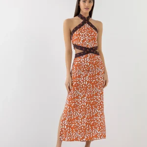 VESTIDO MIDI DE VISCOSA CON CUELLO HALTER Y ABERTURA