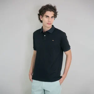 Polo Regular Negro con Cuello Texturizado - Kosta Azul