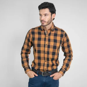 Camisa Regular Manga Larga Cuadros Amarillo Oscuro - Kosta Azul