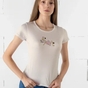 Camiseta manga corta entallada para mujer en blanco vintage cuello redondo y estampado flamenco de relax