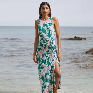 VESTIDO MIDI CON ESTAMPADO FLORAL VERDE Y ROSA