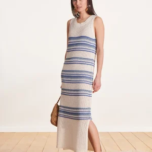 VESTIDO AZUL CLARO DE PUNTO A RAYAS DE LARGO MEDIO