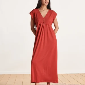 VESTIDO ROJO DE LYOCELL DE LARGO MEDIO Y ESCOTE EN V