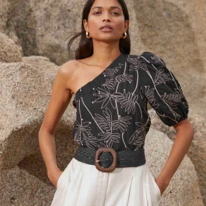 TOP COURT NEGRO ONE-SHOULDER