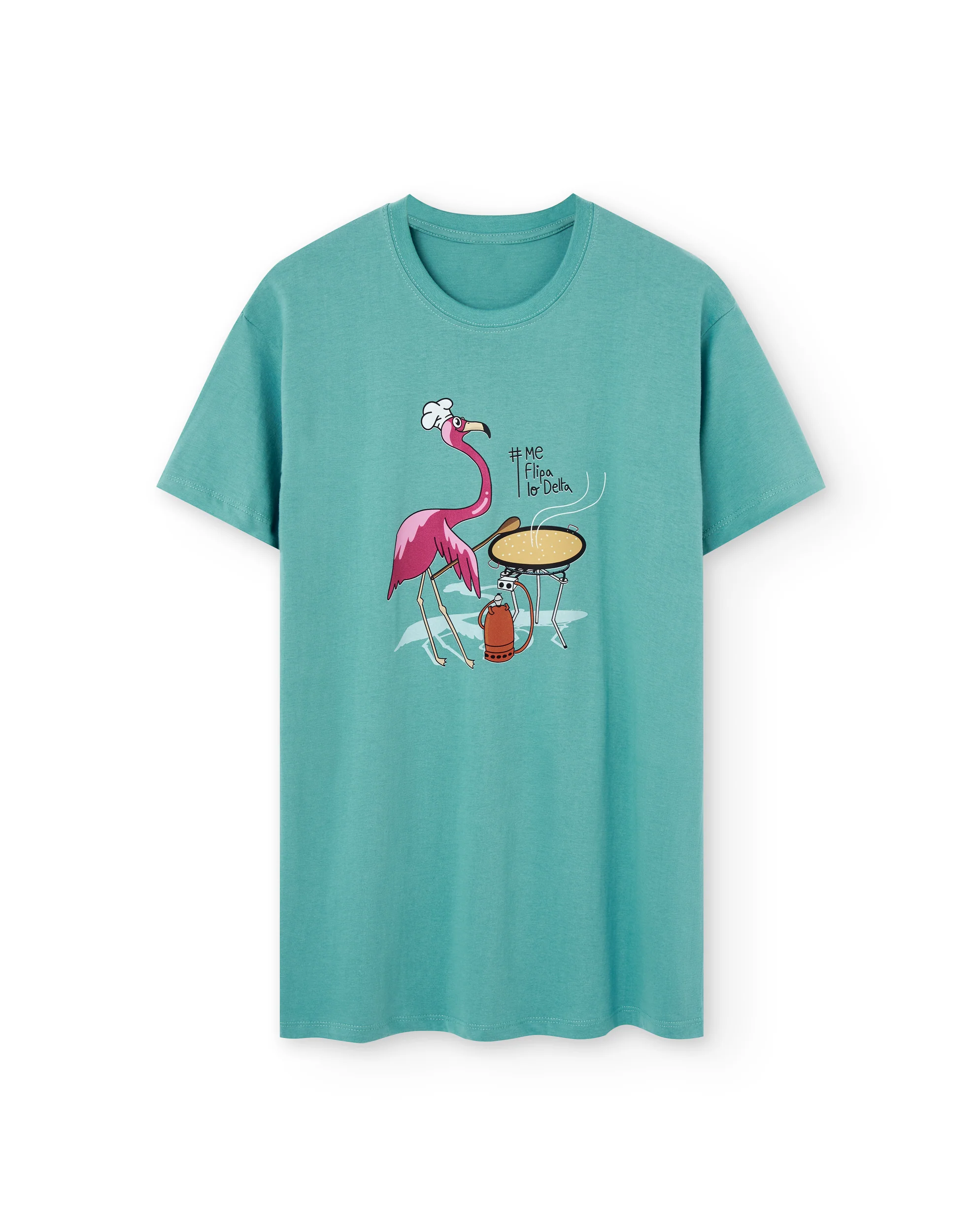 Camiseta manga corta unisex en verde agua y estampado flamenco del delta cocinando paella