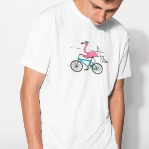 Camiseta manga corta unisex en blanco y estampado flamenco en bicicleta