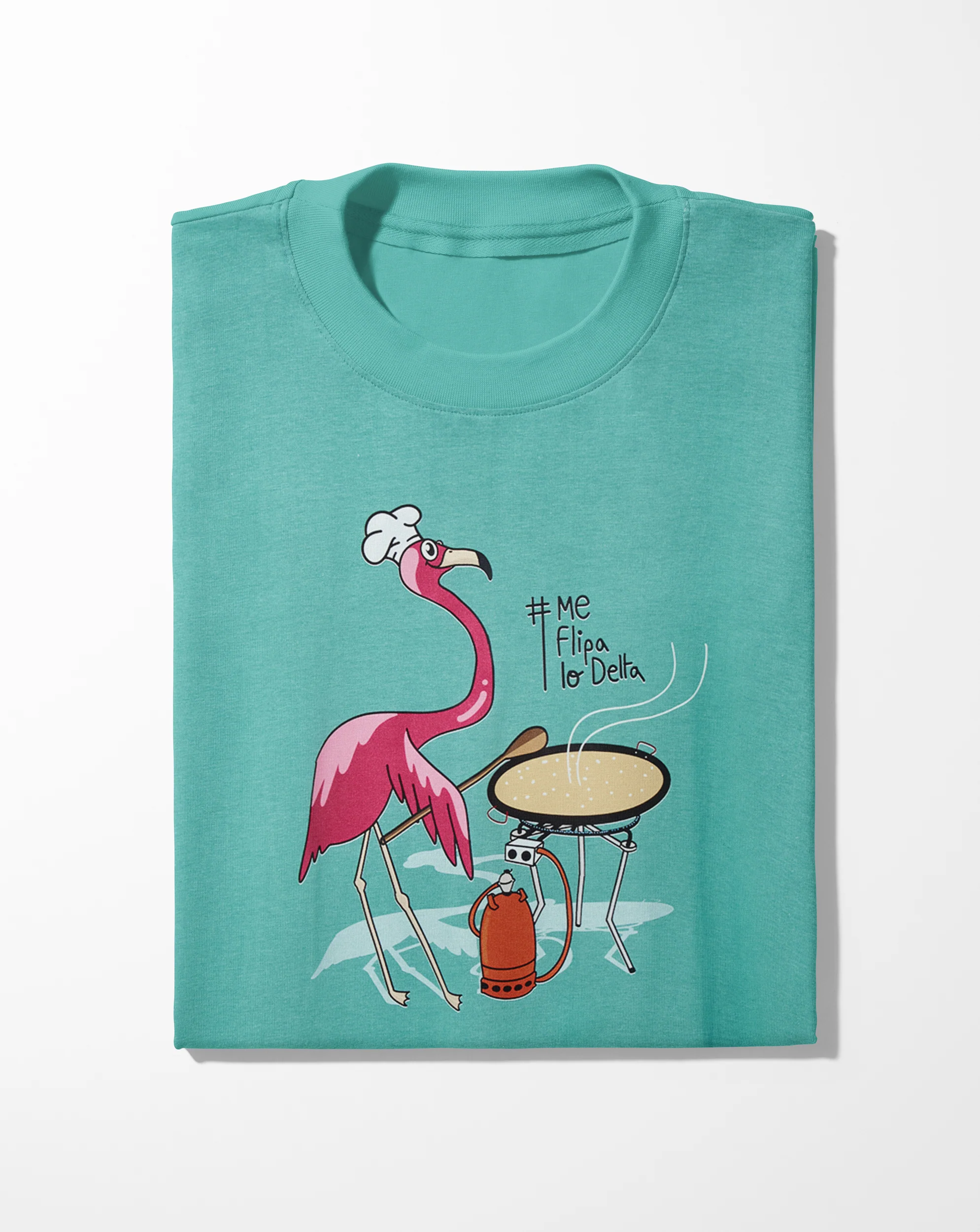 Camiseta manga corta unisex en verde agua y estampado flamenco del delta cocinando paella - Imagen 3