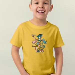 Camiseta manga corta infantil de niño y niña corta en mostaza y estampado fauna deltaica