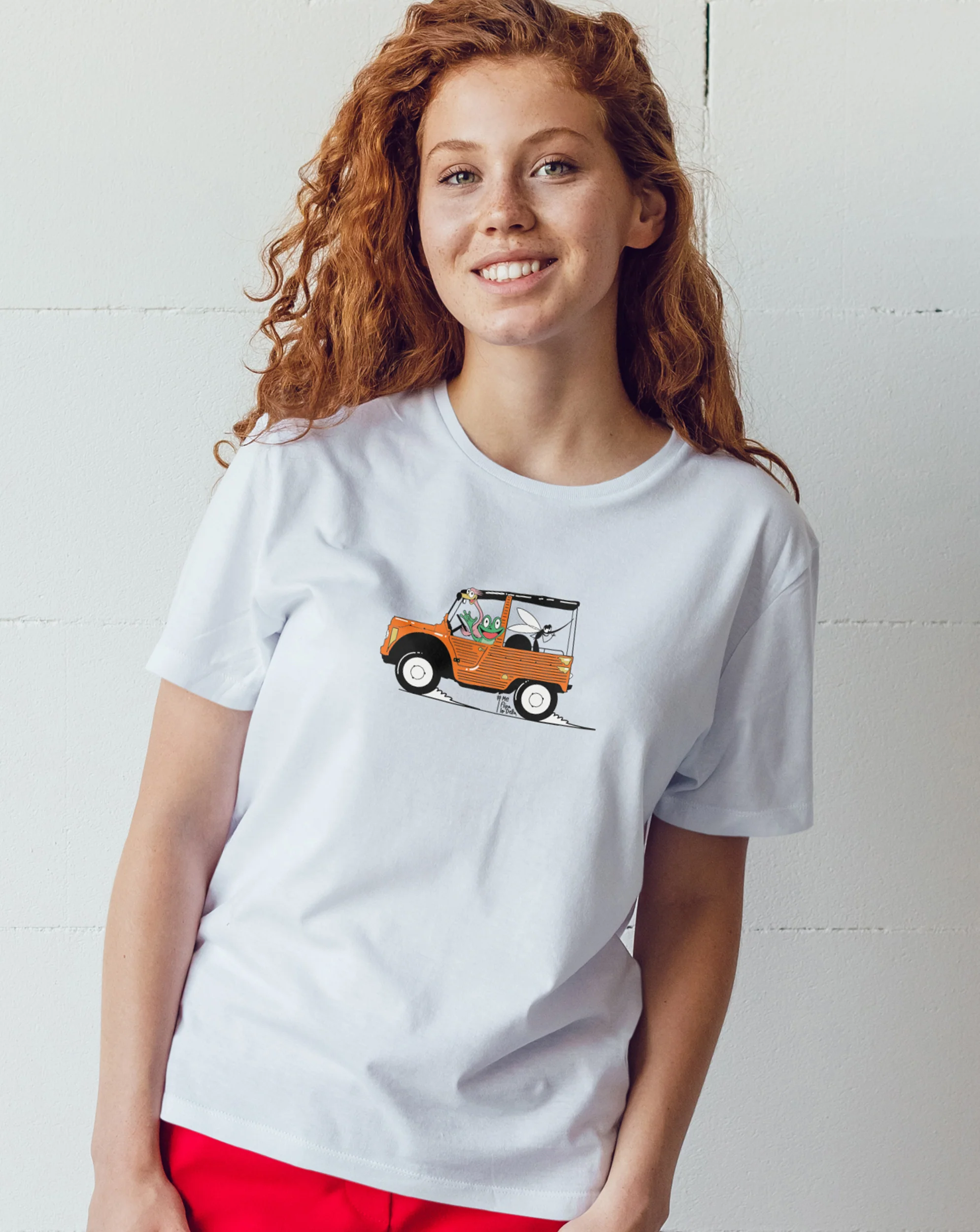 Camiseta manga corta unisex en blanco y estampado citroen mehari - Imagen 4