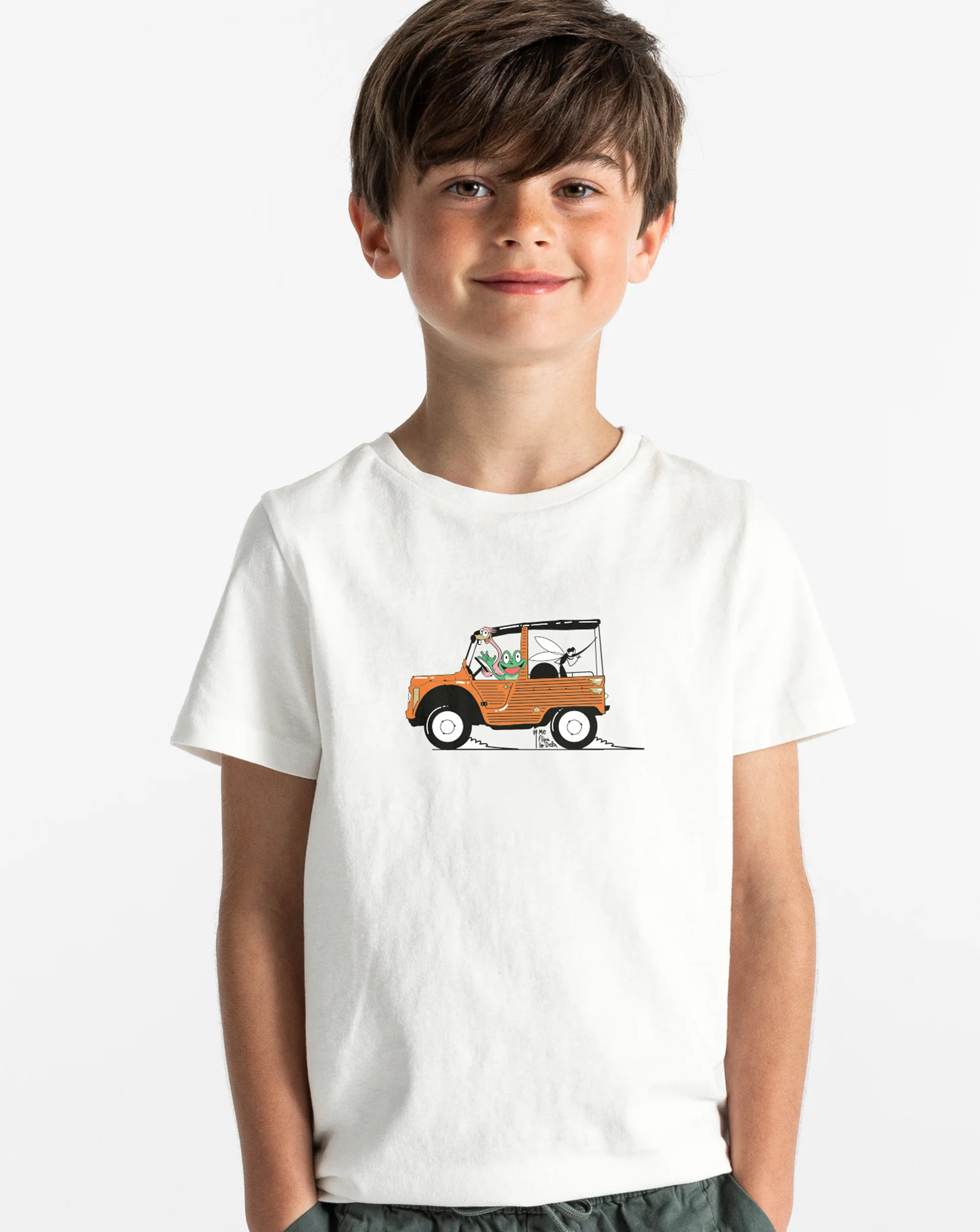 Camiseta manga corta infantil de niño y niña en blanco y estampado citroen mehari