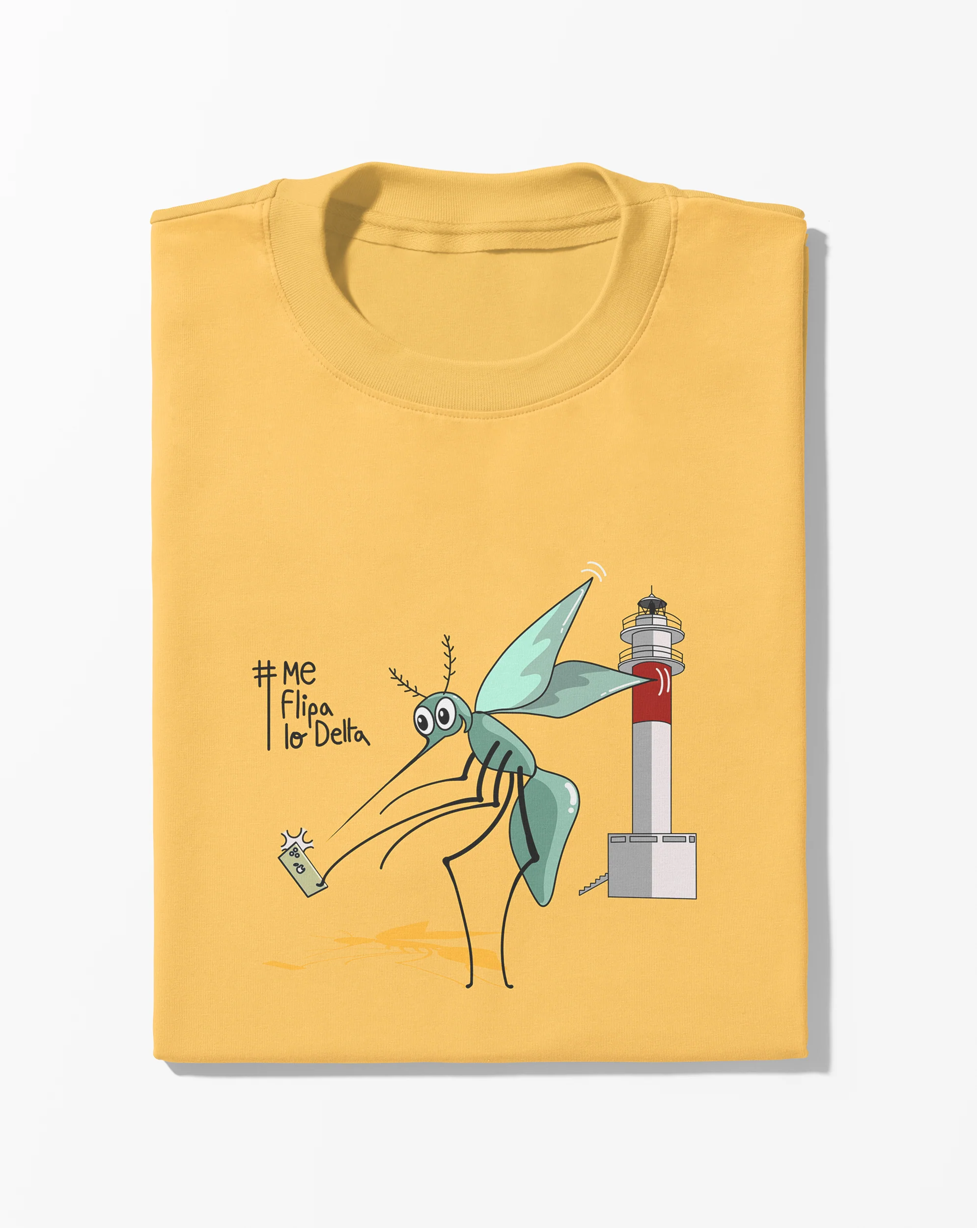Camiseta manga corta unisex en mostaza y estampado mosquito haciendo selfie - Imagen 7
