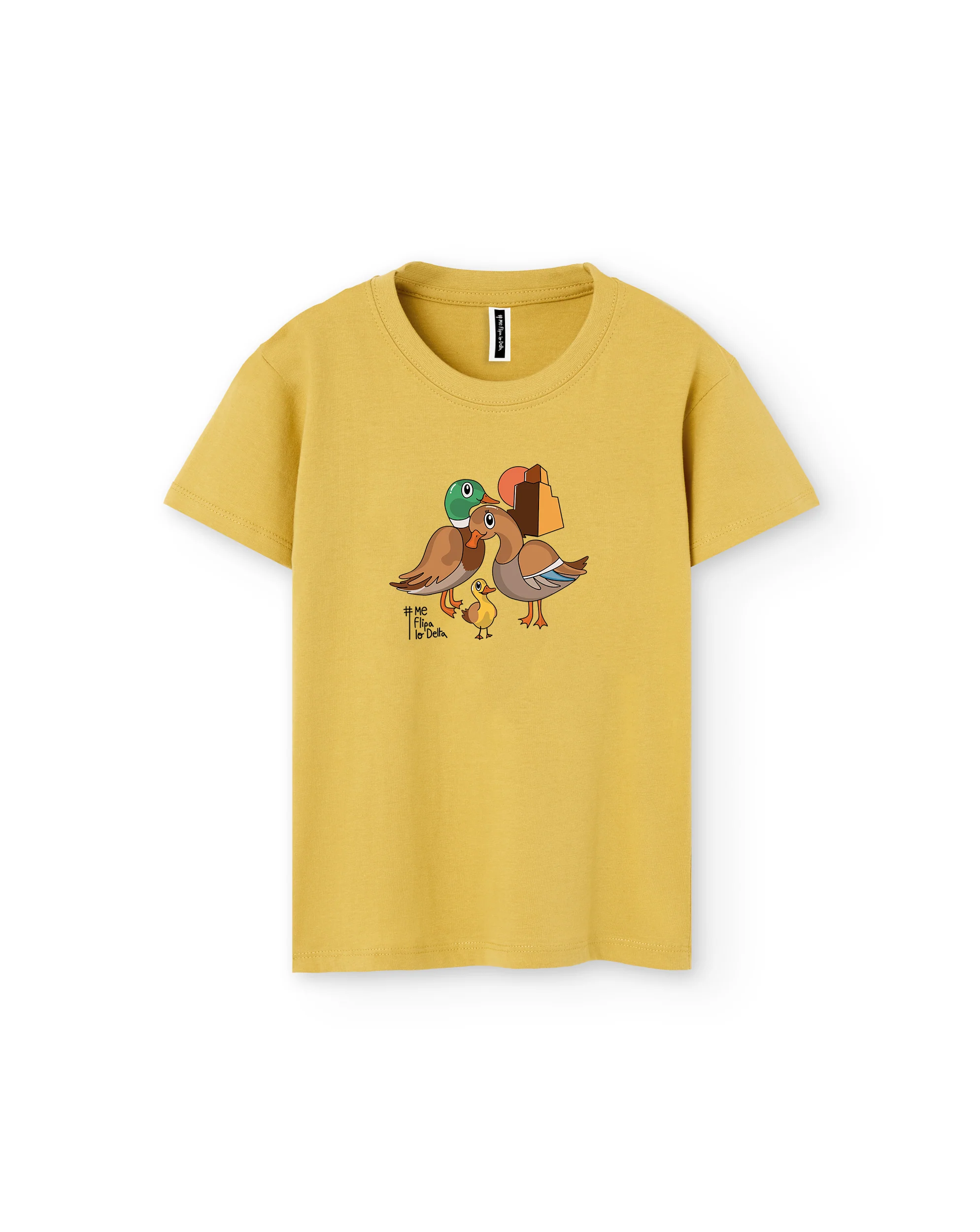 Camiseta manga corta infantil de niño y niña en color mostaza y estampado de patos Delta del Ebro - Imagen 3