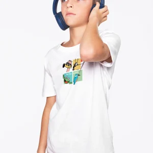 Camiseta manga corta infantil de niño y niña en blanco y estampado pop art del Delta