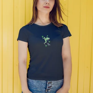 Camiseta manga corta entallada para mujer en azul marino cuello redondo y estampado rana tanga