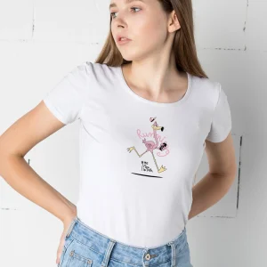 Camiseta manga corta entallada para mujer en blanco cuello redondo y estampado flamenco running