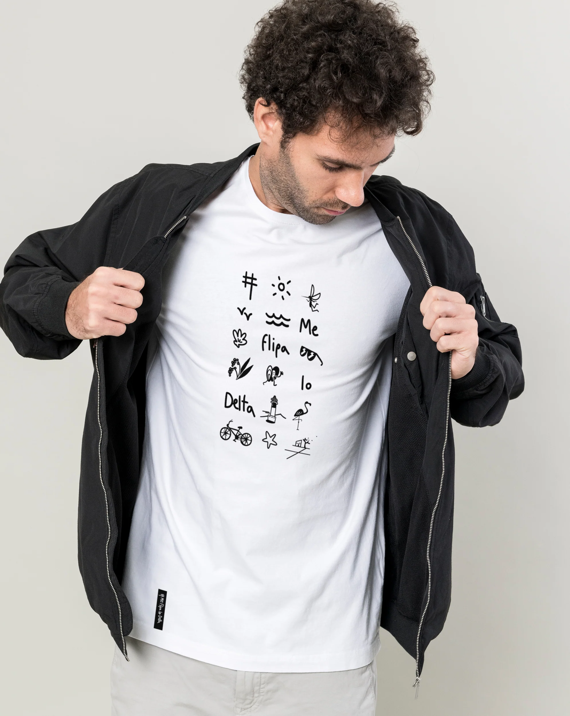 Camiseta manga corta unisex en color blanco y estampado iconos del Delta del Ebro
