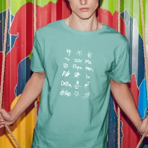 Camiseta manga corta unisex en verde agua y estampado iconos del Delta del Ebro