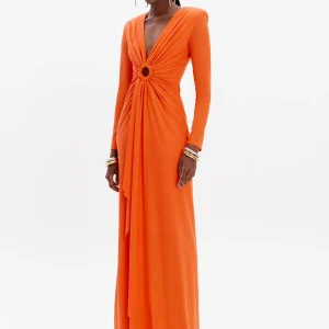 VESTIDO LARGO DRAPEADO CON ESCOTE EN V Y ARO