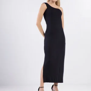 VESTIDO NEGRO MIDI UN SOLO HOMBRO