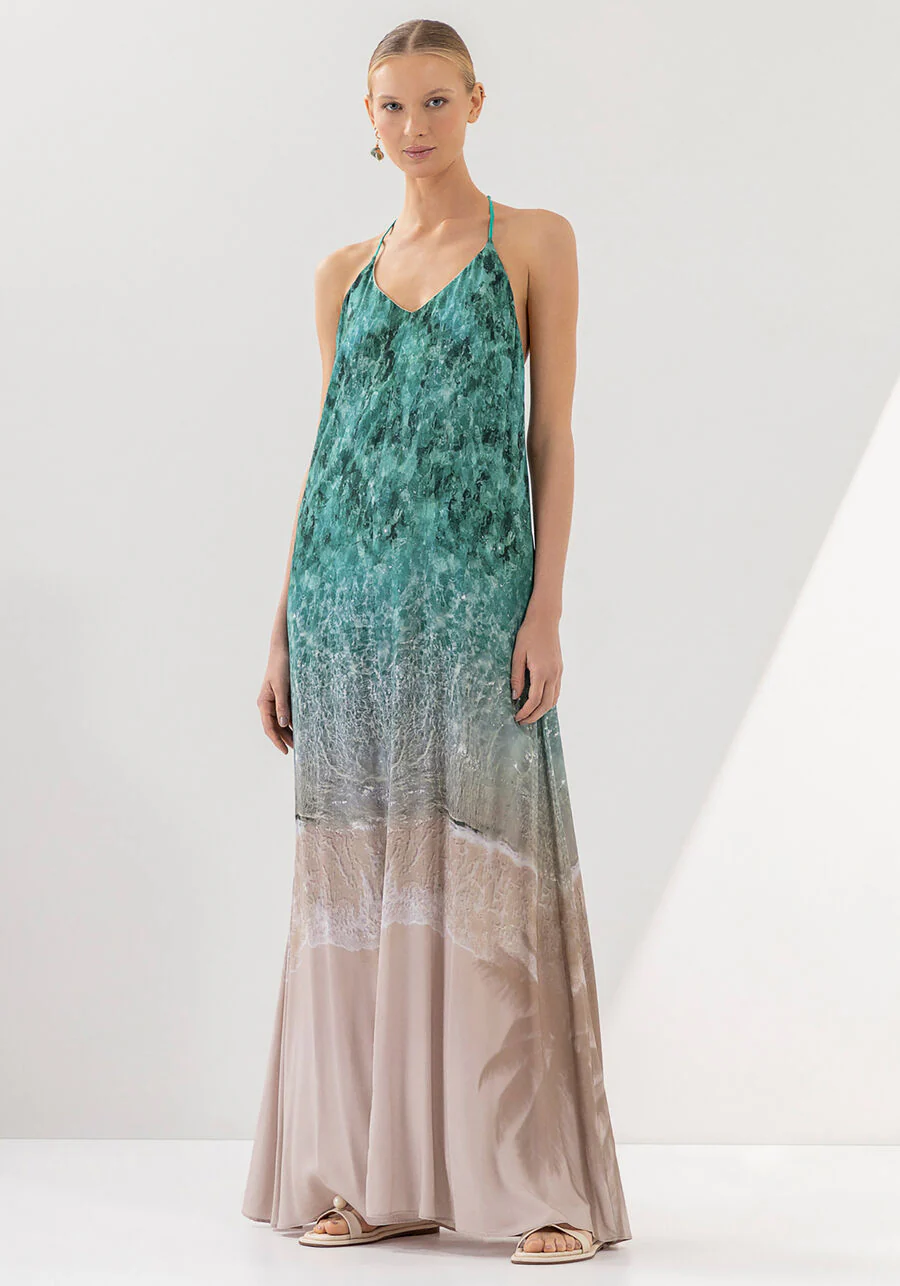 VESTIDO LARGO ESTAMPADO CON PERLAS EN LA ESPALDA